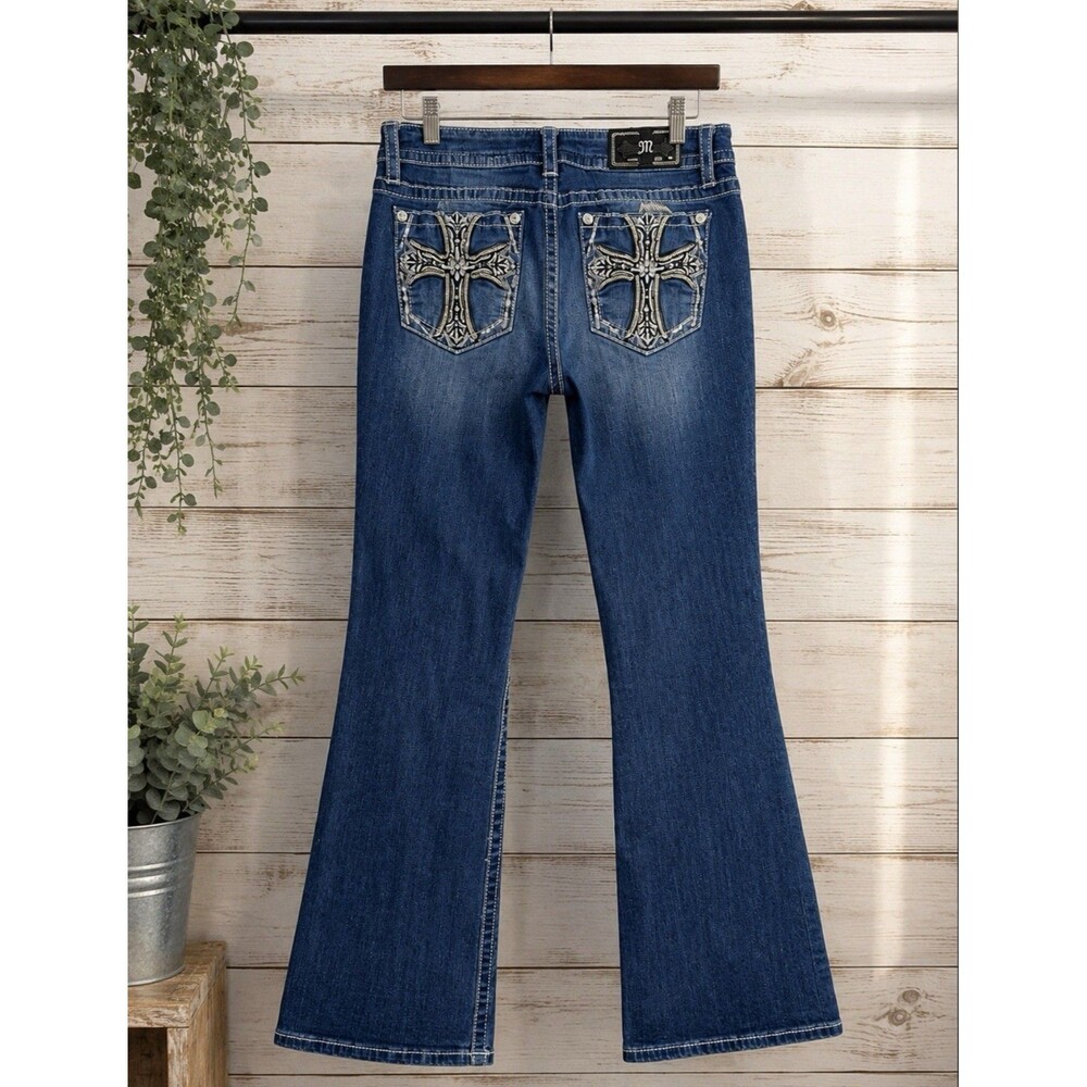 Miss Me Chloe Bootcut Jeans 31 x 31 Thick Stitch Med Wash Cross Embellished